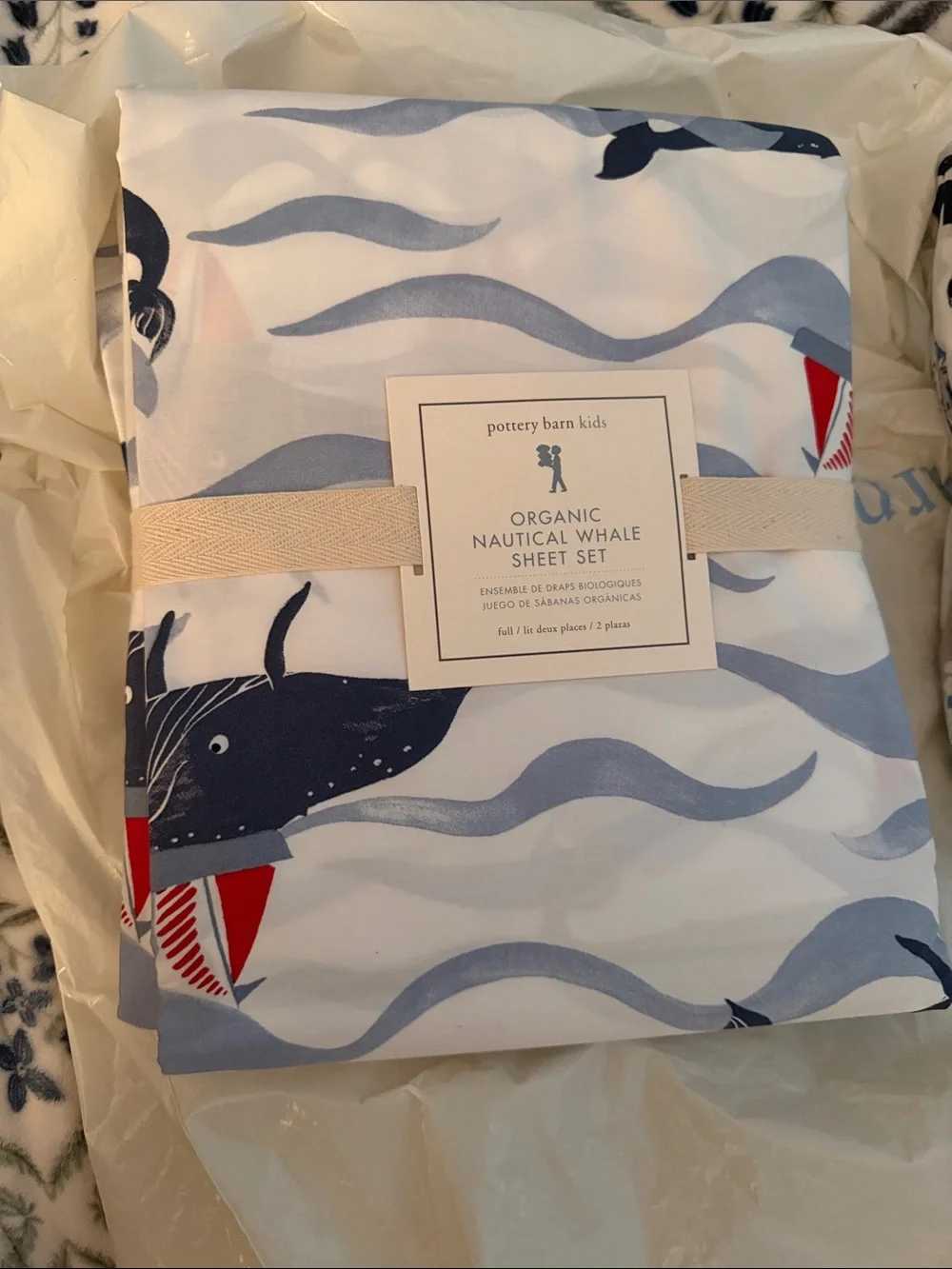 Pottery Barn Kids Nautical Whale Organic Sheet Set in White, Blue & Red